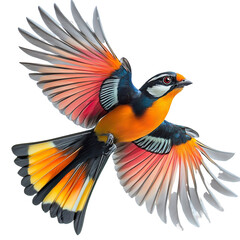 Fototapeta premium Extreme side view of a perfectly beautiful hyperrealistic single narina trogon bird flying mid air isolated on a white transparent background