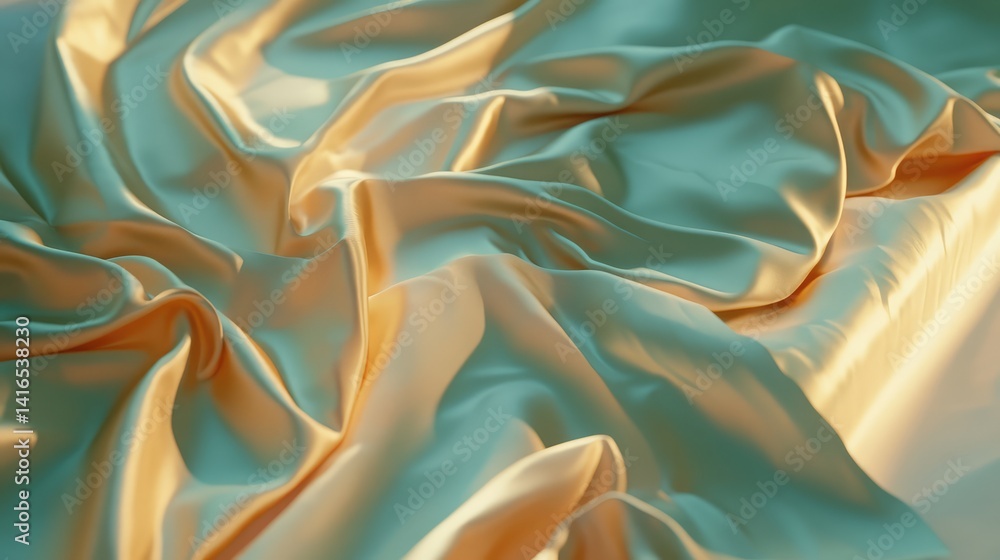 Poster elegant gold satin fabric draped in soft folds, creating highlights and shadows under warm light. sm
