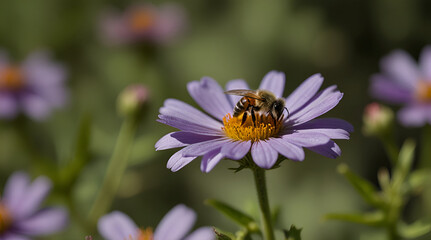 A close-up of a bee pollinating a beautiful purple flower in nature,generative.ai
