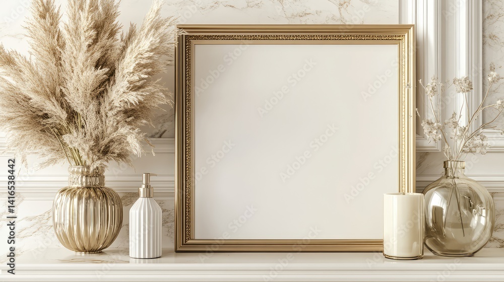 Poster elegant minimalist panel with champagne metallic frame on creamy backdrop, creating symmetry and cop