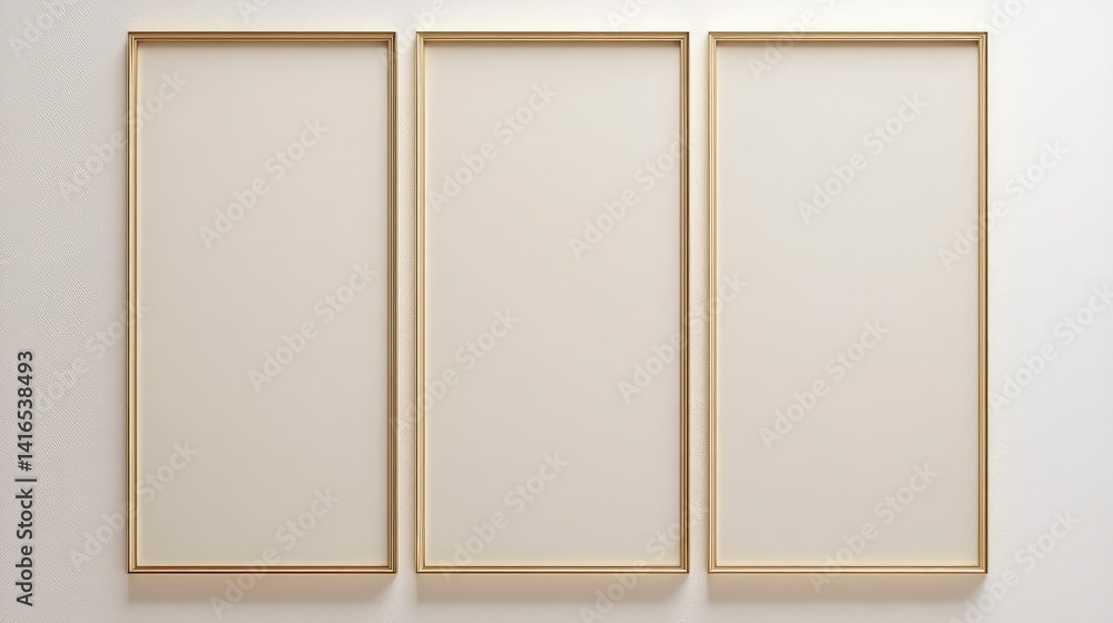 Poster elegant minimalist panel with champagne metallic frame on creamy backdrop, creating symmetry and cop