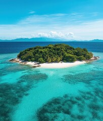 Fototapeta premium Serene Tropical Island with Lush Greenery Surrounded by Clear Turquoise Waters and Gentle Waves Under a Bright Blue Sky in a Peaceful Paradise Setting