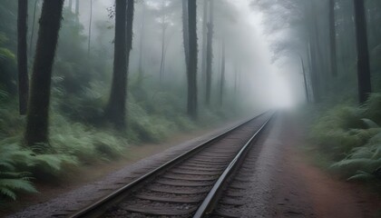 Fototapeta premium A misty railway track leads through a tranquil forest, offering a sense of mystery and peace.