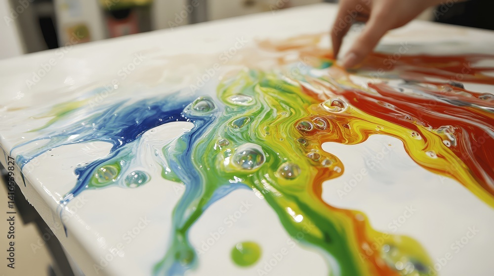 Poster fluid paint pouring across a white canvas, creating dynamic splashes and waves of color, offering sp