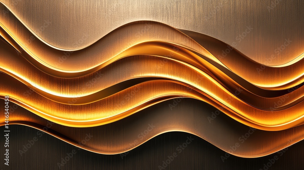 Poster glossy bronze metallic wall with wave pattern and warm light gradients creating luxurious depth and 