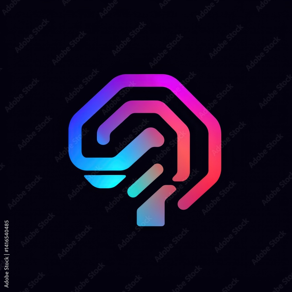 Poster abstract ai brain logo concept with neon gradient colors on dark background for artificial intellige