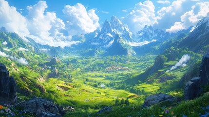 Naklejka premium Majestic alpine landscape scenery with verdant valley and serene atmosphere