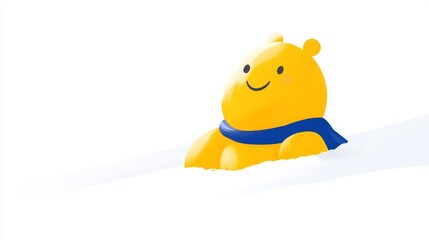 Bright yellow cartoon character with blue scarf casting soft shadow isolated on white cute and welcoming design for digital illustrations or children's books