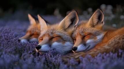 Obraz premium Captivating_Trio_of_Red_Foxes_Resting_Tranquilly_Amongst_a_Vibrant_Field_of_Purple_Flowers_during_a_Serene_Evening_Scene