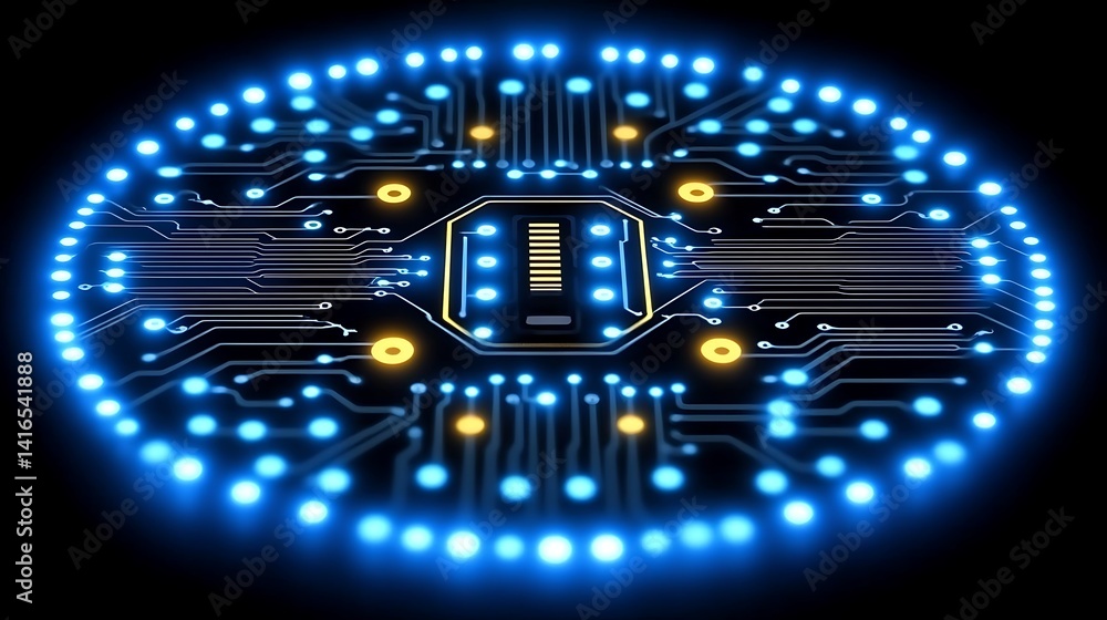Poster circular microchip: a futuristic circular microchip glows with bright blue lights, showcasing intric