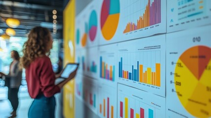A woman is looking at a large board with many graphs and charts