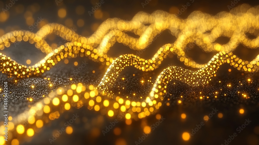 Poster golden digital threads: an artistic abstract image shows golden threads with small light in dark bac