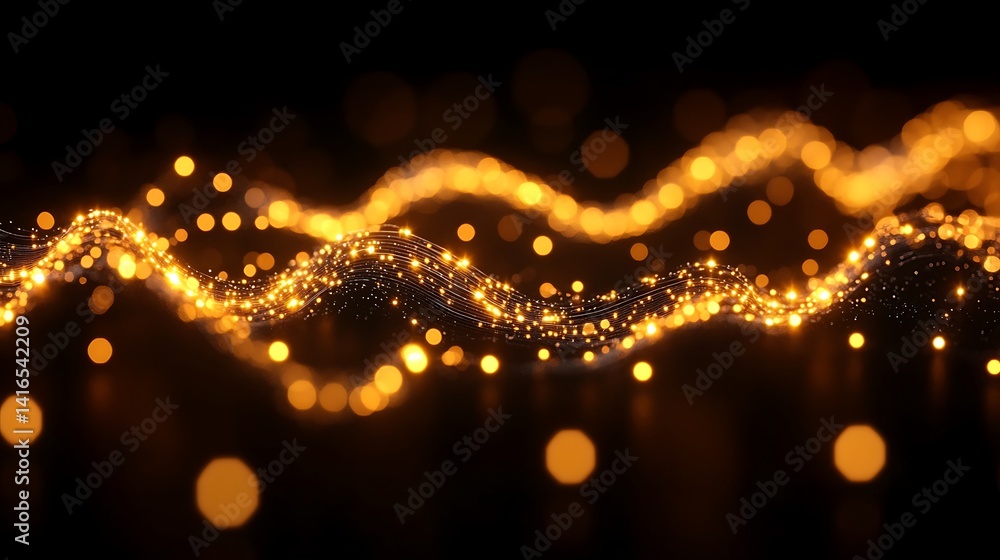 Poster golden particle wave: a mesmerizing wave of glittering golden particles ripples across a dark backgr