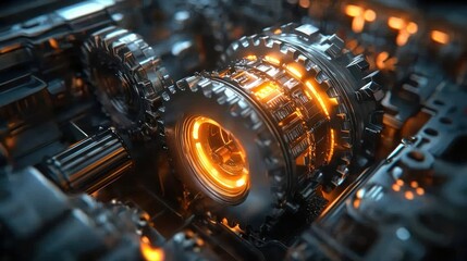 Complex gear mechanism with glowing inner workings