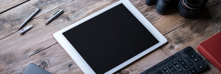 Digital workspace showcasing a tablet, camera, and creative tools on wood