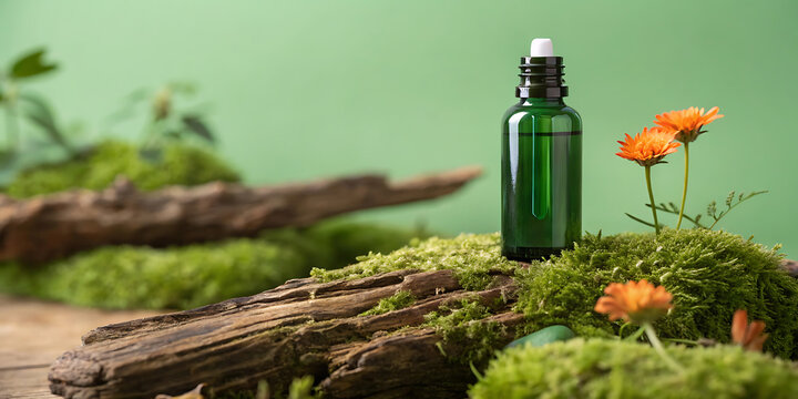 Natural Essential Oil in Green Bottle on Mossy Log