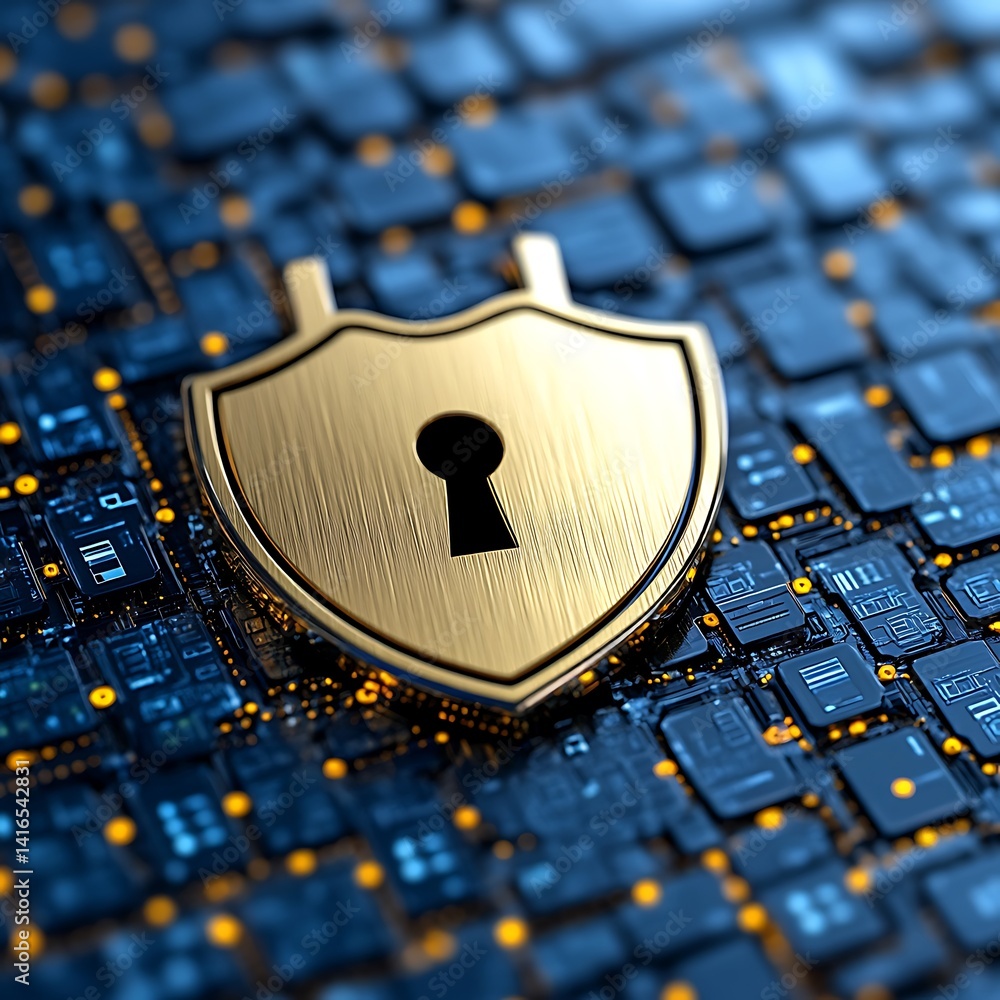 Poster digital fortress: a striking image of a golden shield emblazoned with a keyhole, set against a mesme