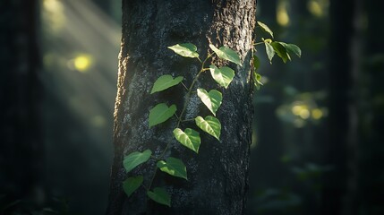 Obraz premium Sunlit Vine on Forest Tree Trunk