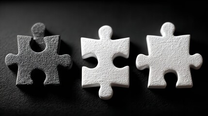 Fototapeta premium Three White Puzzle Pieces on a Black Background – Top View of Minimalist Jigsaw Concept Isolated for Design or Problem Solving Theme