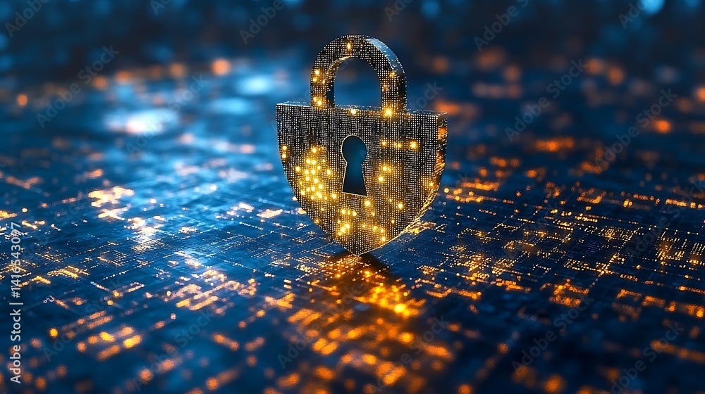 Aufkleber cybersecurity lock: a digital rendering of a glowing padlock rests atop a circuit board, symbolizing