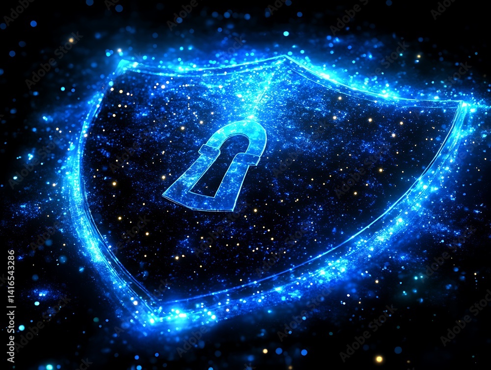 Poster digital shield of security: a glowing digital shield, adorned with a keyhole symbol, pulsates with a