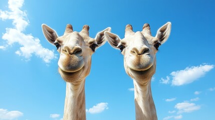 Naklejka premium Two giraffes against a cloud dappled azure sky exhibiting animal companionship and wildlife wonder showcasing their graceful necks and patterned fur detail beauty