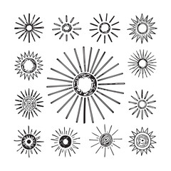 Doodle outlines of the sun Vector drawing of sunbeams Variety of sunbeams  white Background.
