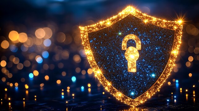 Cyber Security Shield: A gleaming, golden shield with a glowing lock at its center represents cybersecurity, protection, and data privacy.