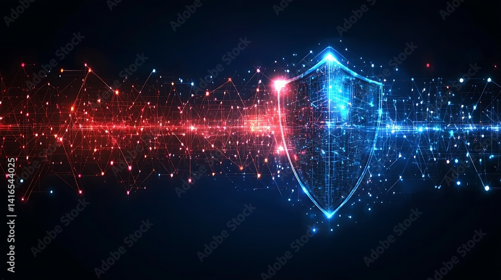 Poster digital security shield: a radiant, futuristic rendering of a glowing shield, at the heart of a netw