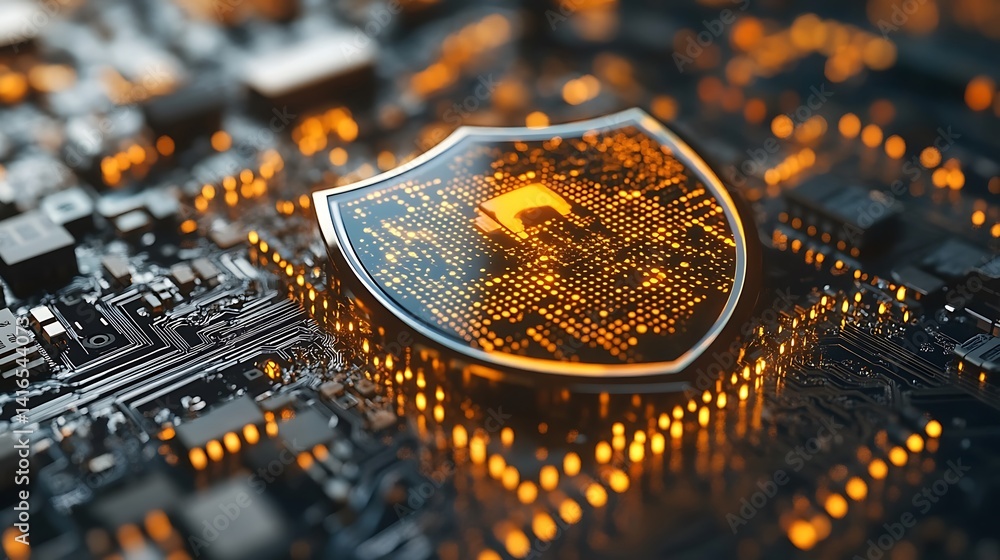 Poster cybersecurity shield: a glowing digital shield protects a microchip, symbolizing robust data securit