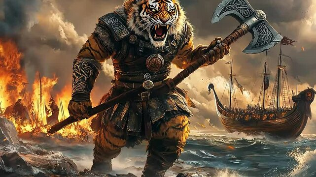 A fierce warrior with a tiger head brandishes an axe amidst a fiery coastal battle scene