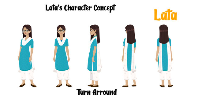 Indian woman turnaround vector character model sheet illustration