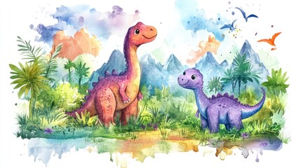Obraz premium Cute dinosaurs in a lush prehistoric landscape