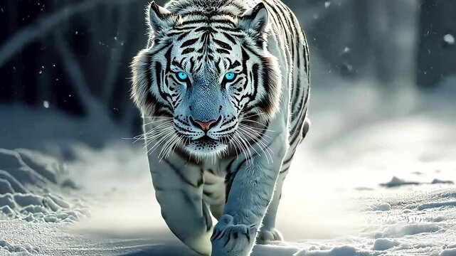 Majestic white tiger prowling through a snowy forest, showcasing its striking blue eyes and powerful stance