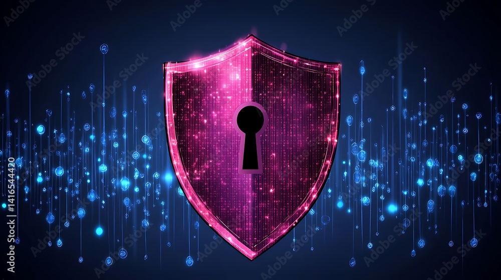 Poster digital shield of security: a digital shield glows with a vibrant energy, its form punctuated by a k