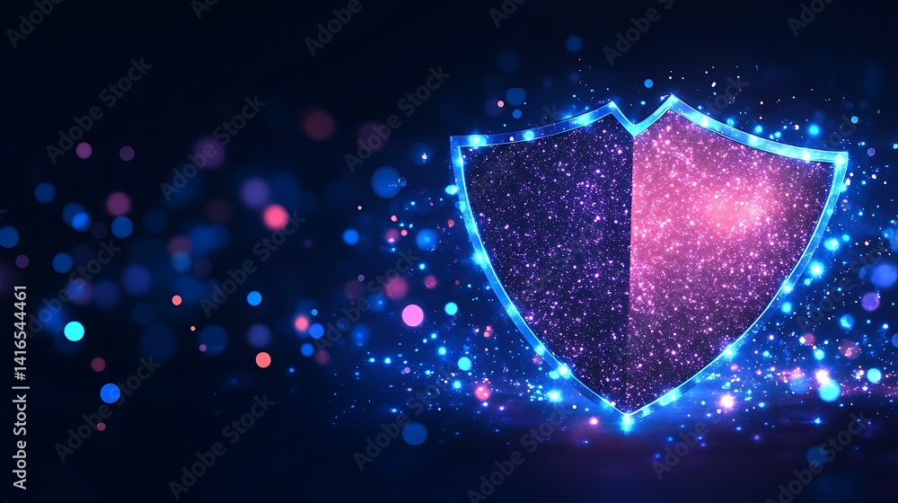 Poster digital security shield: a captivating digital rendering of a shield, shimmering with ethereal energ