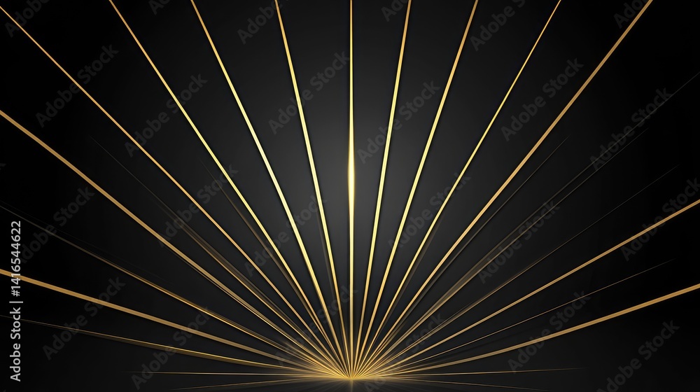 Poster radiant golden rays emerging from center on a black gradient background. dramatic light burst with a