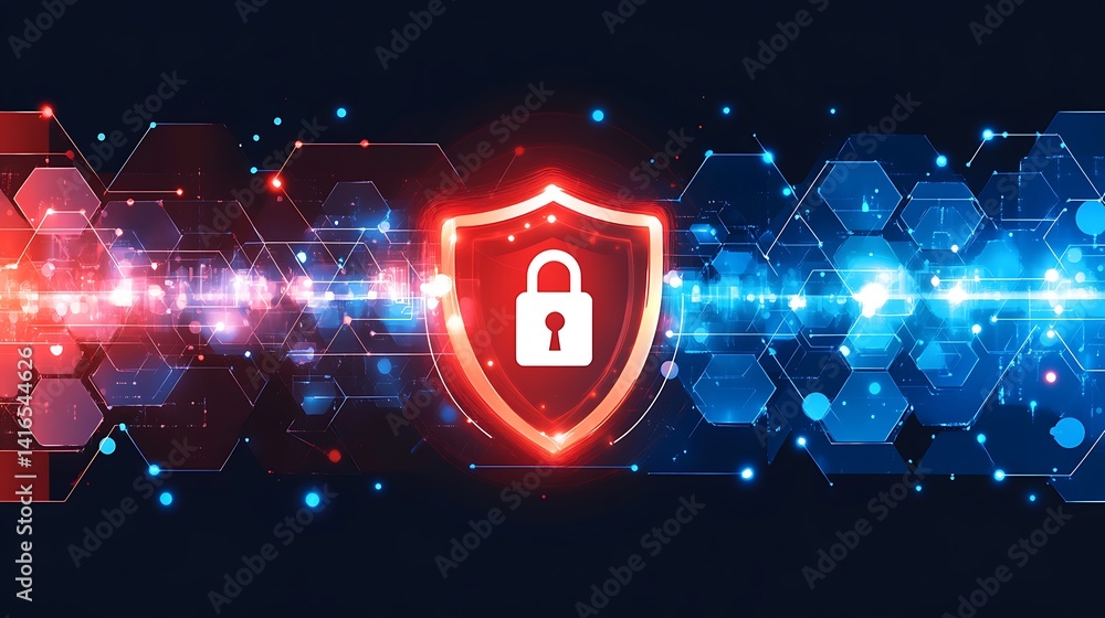 Poster cyber shield: a digital shield with a prominent lock symbol shines amidst a complex network, symboli