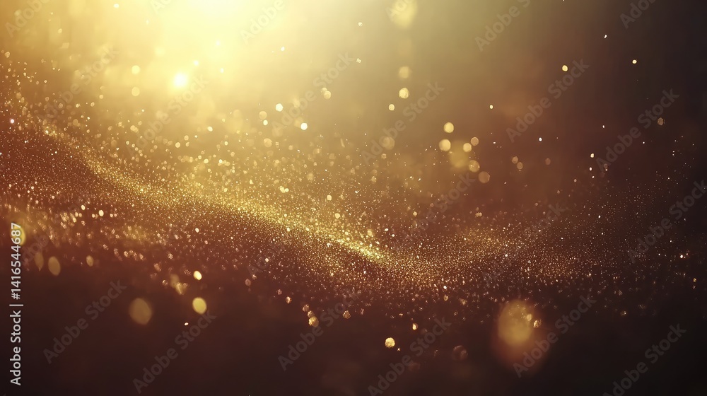 Poster radiant golden sparkles rising in bokeh from the bottom of frame. bright luxury light effect with op