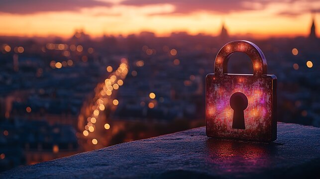 Lock of the city : A symbolic padlock glows brightly against the backdrop of a bustling cityscape during twilight, representing security and protection of a thriving urban center.