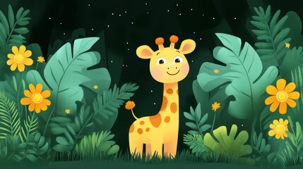 Adorable giraffe character in a lush jungle setting surrounded by vibrant flora and a star-filled night sky adding a touch of magic to wildlife illustration