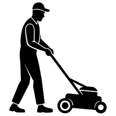 A man Mowing Lawn with a Lawn Mower vector silhouette illustration isolated on white background