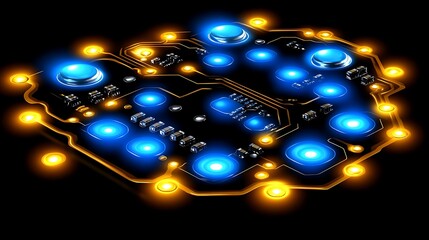 Digital Circuit Board: Capturing the intricate beauty of technology, a circuit board radiates with glowing nodes, symbolizing the complex network of information processing and innovation.