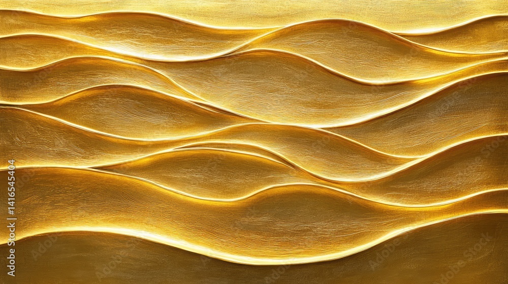 Poster shiny golden surface with embossed wave pattern, glowing under soft light. ornate and elegant copy a