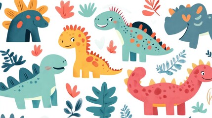 Cute dinosaurs, leaves, and plants