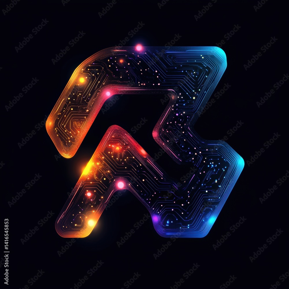 Poster abstract glowing interlocking digital circuit design on dark background