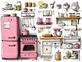 A charming hand-drawn illustration showcases a vintage pink kitchen with various appliances, utensils, and food items neatly arranged on shelves and