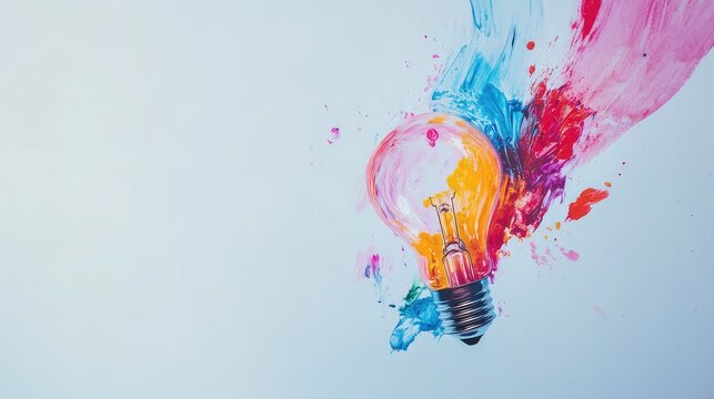 Soft-focus lightbulb with vibrant splashes of paint on a white background, illustrating bright creative ideas with plenty of room for text