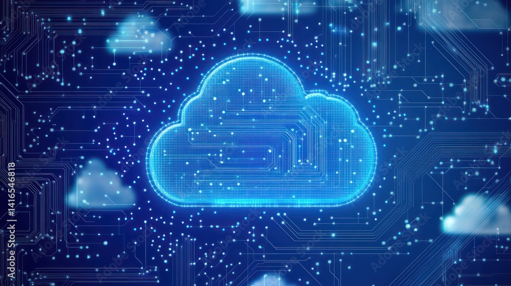Poster abstract futuristic circuit board illustration embodying cloud computing technology and digital netw
