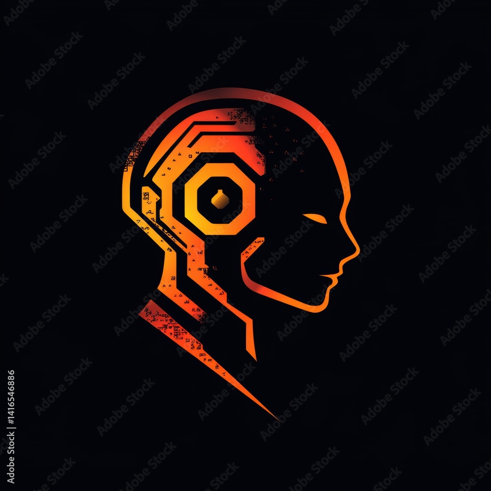 Poster futuristic ai head profile with orange glow and circuit board design on dark background